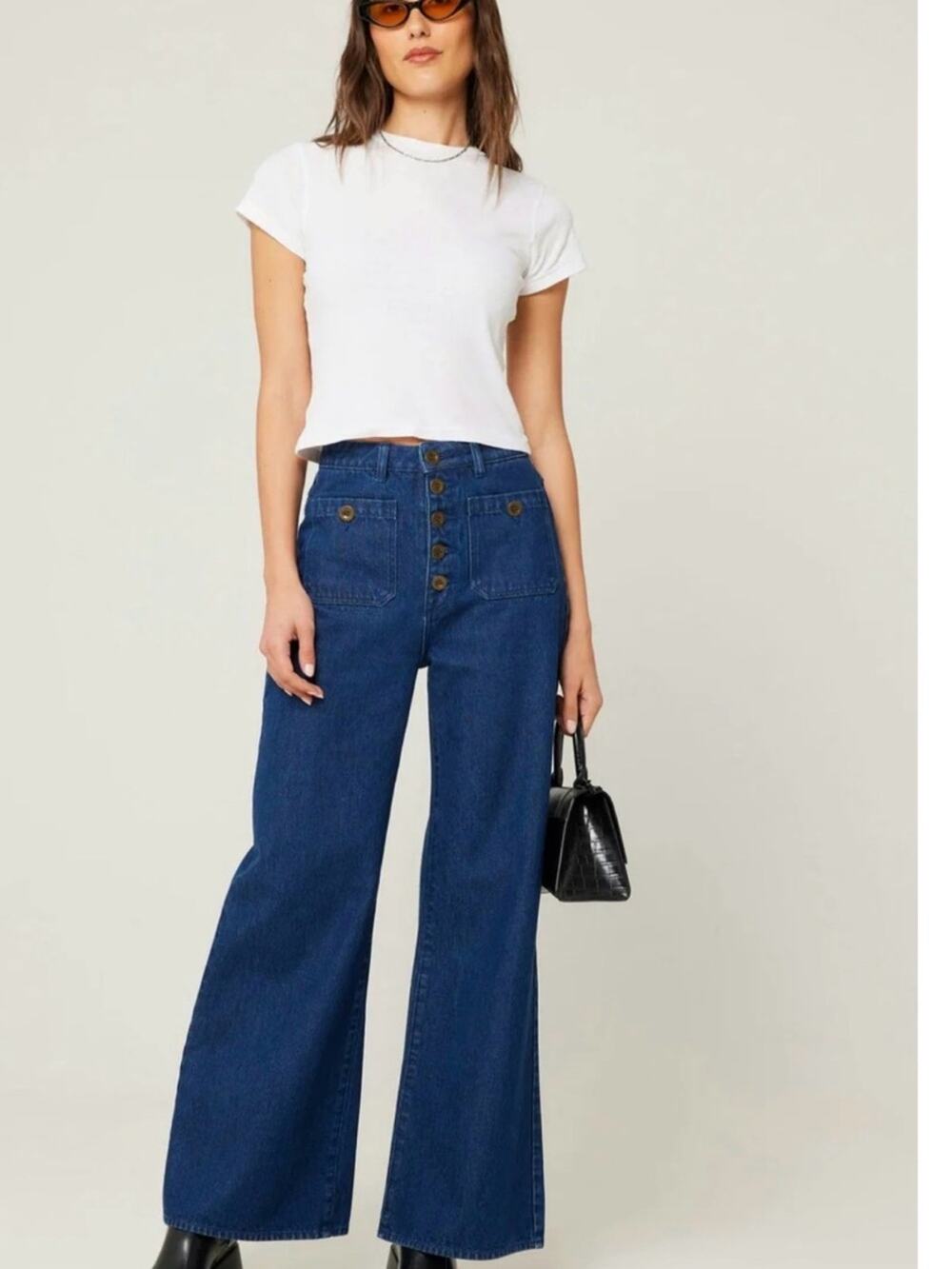 NEW ROLLA'S STUDIO FLARE Dark Blue High-Rise Wide-Leg Button-Front Jeans SZ 26